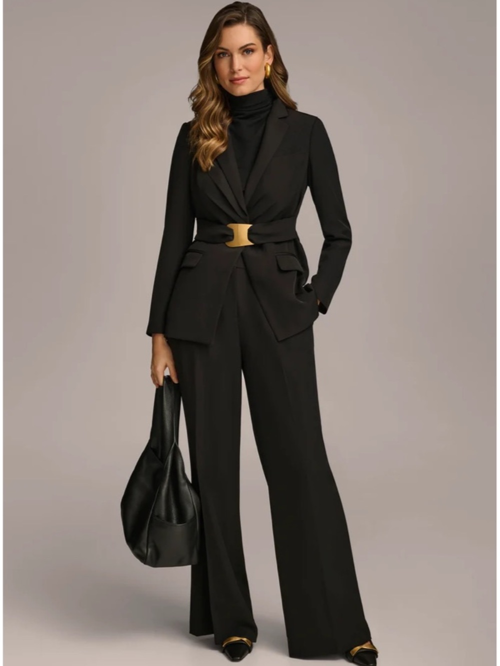 Donna Karan Women’s Classic Belted Blazer & Wide Leg Pant Set Black Size 6/8 NWT